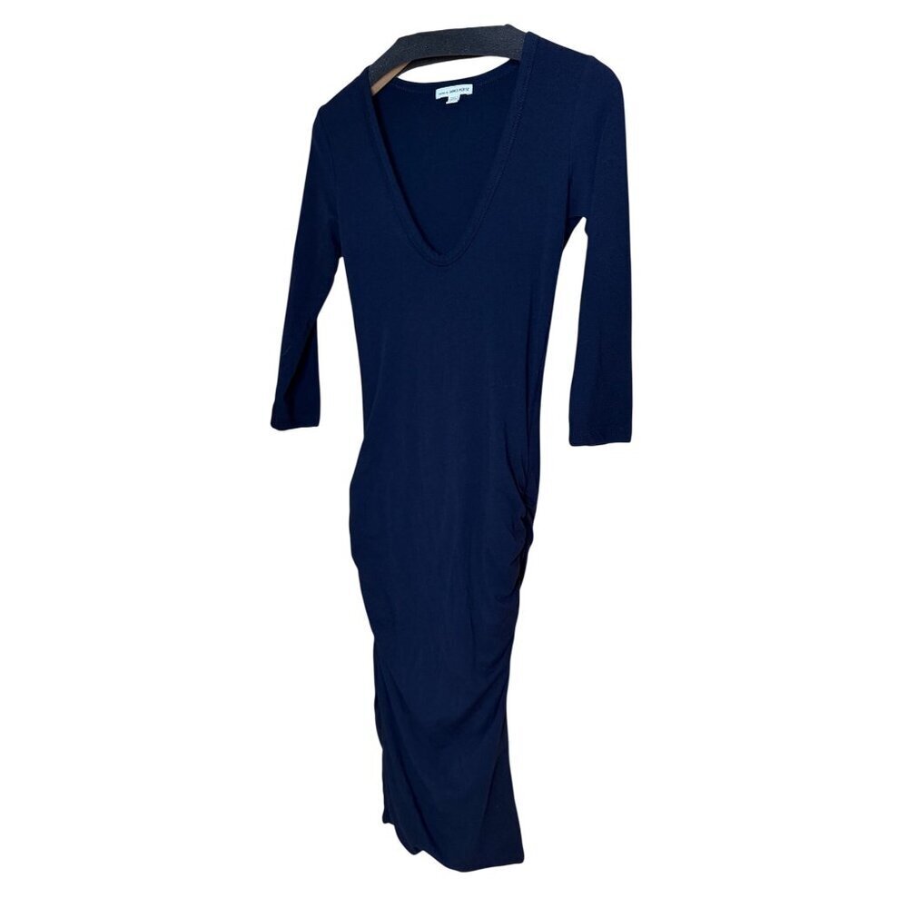 James Perse Womens Size Small Blue V-neck Ruched Bodycon Midi Dress Casual
